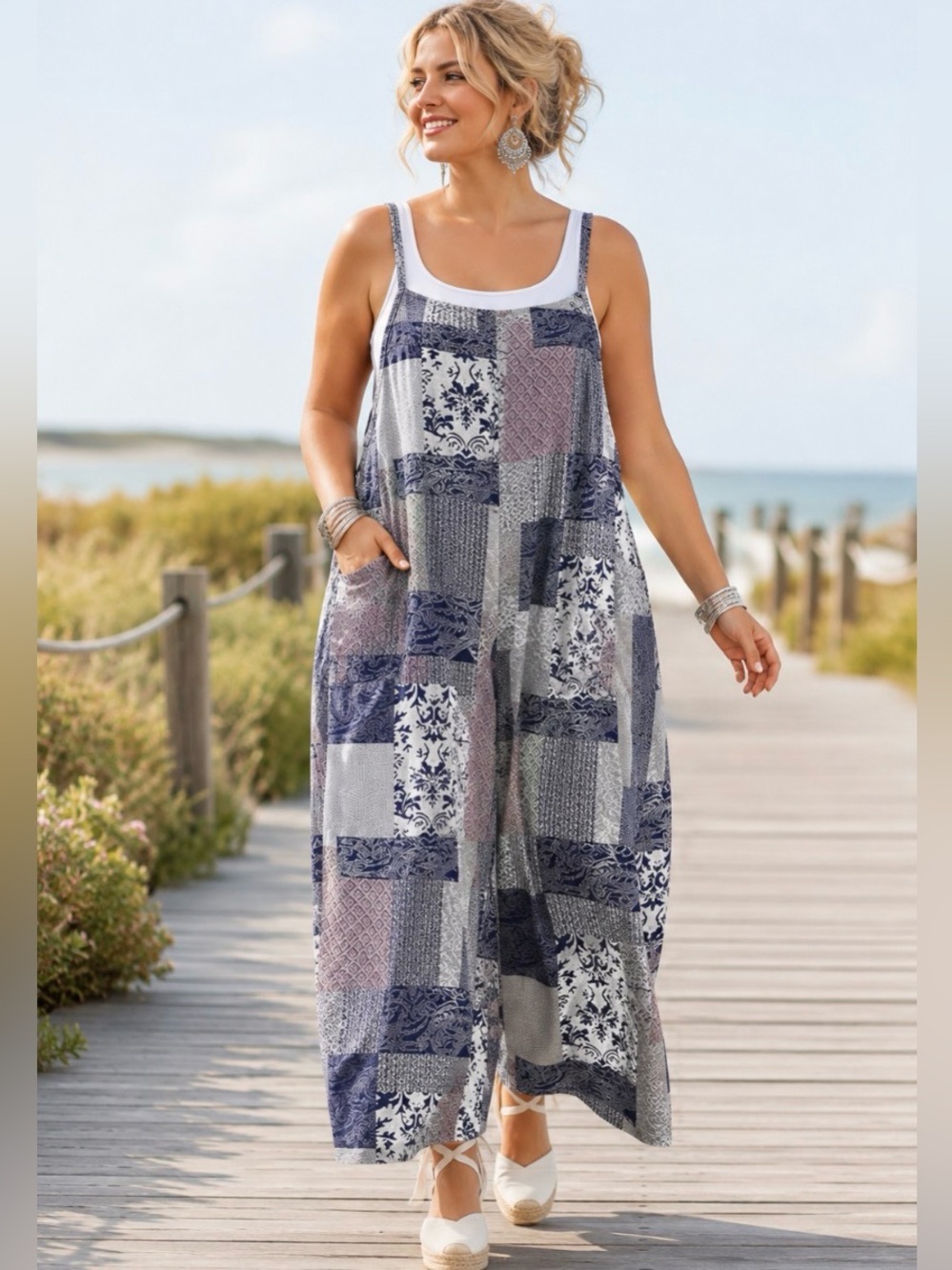 XXL Patchwork Print Wide-Leg 100% Cotton Oversized Jumpsuit -  Blue/Gray